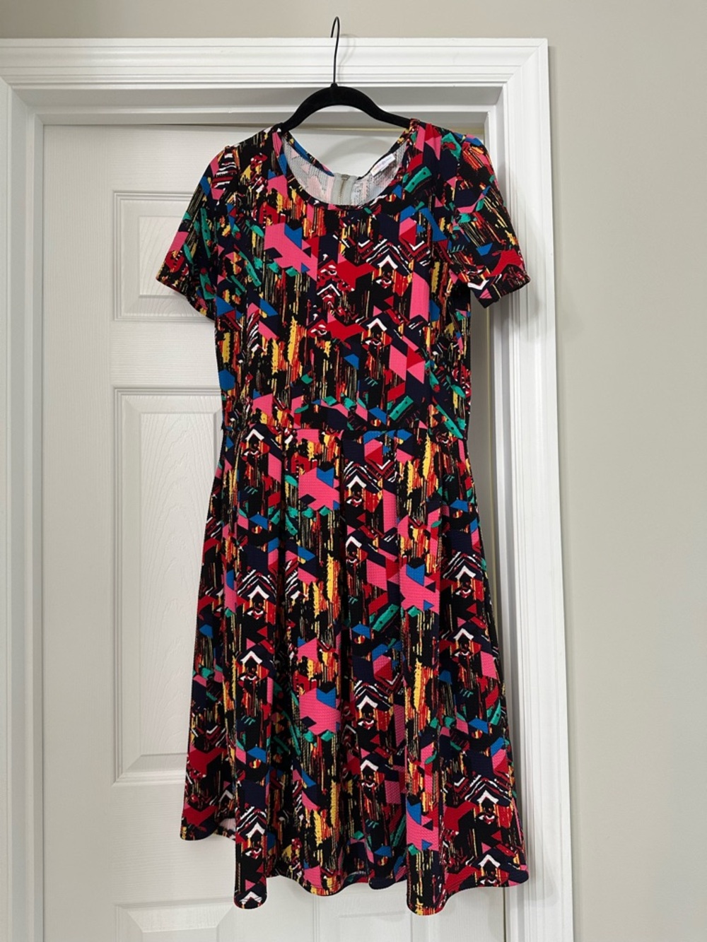 LuLaRoe Multicolor Geometric Midi Dress with Pink and Teal Accents